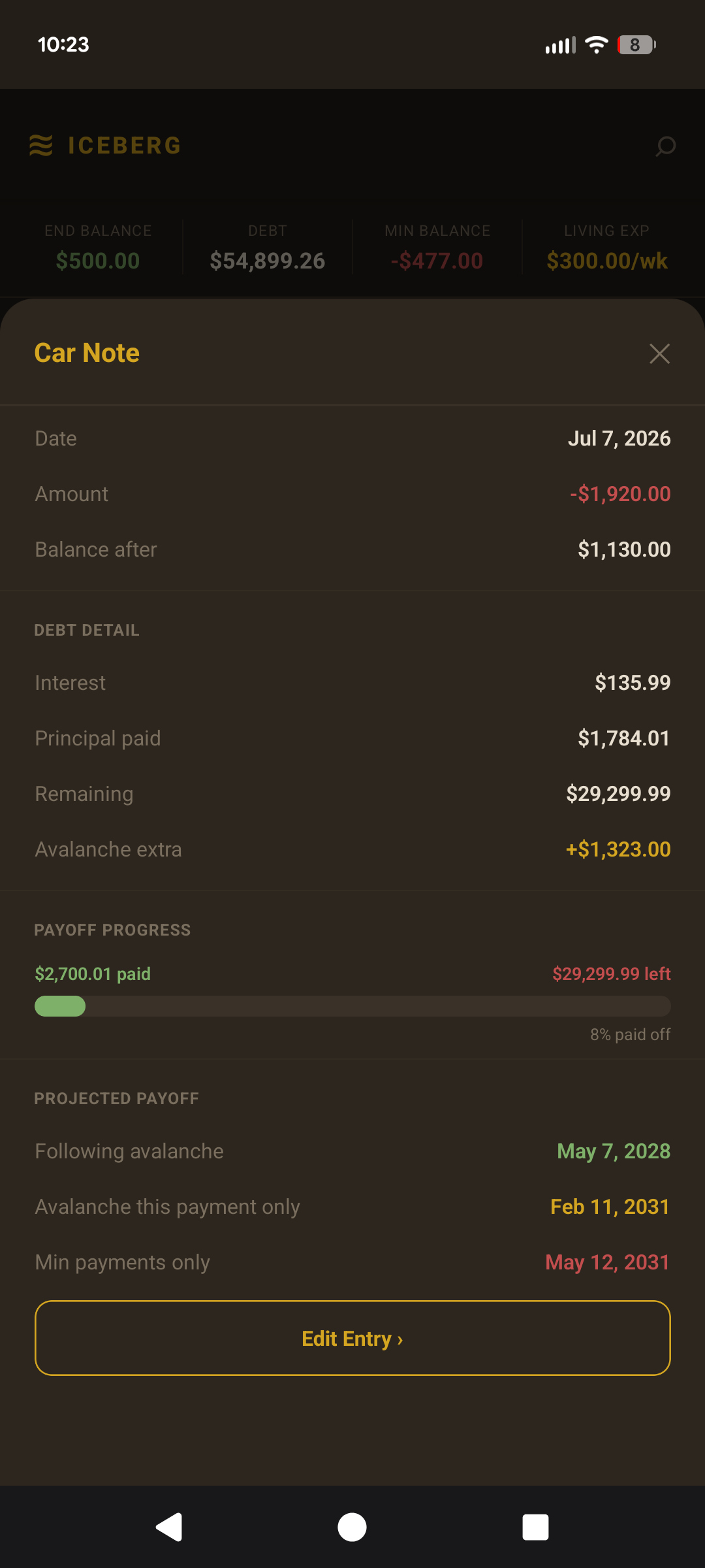 Debt payoff screen