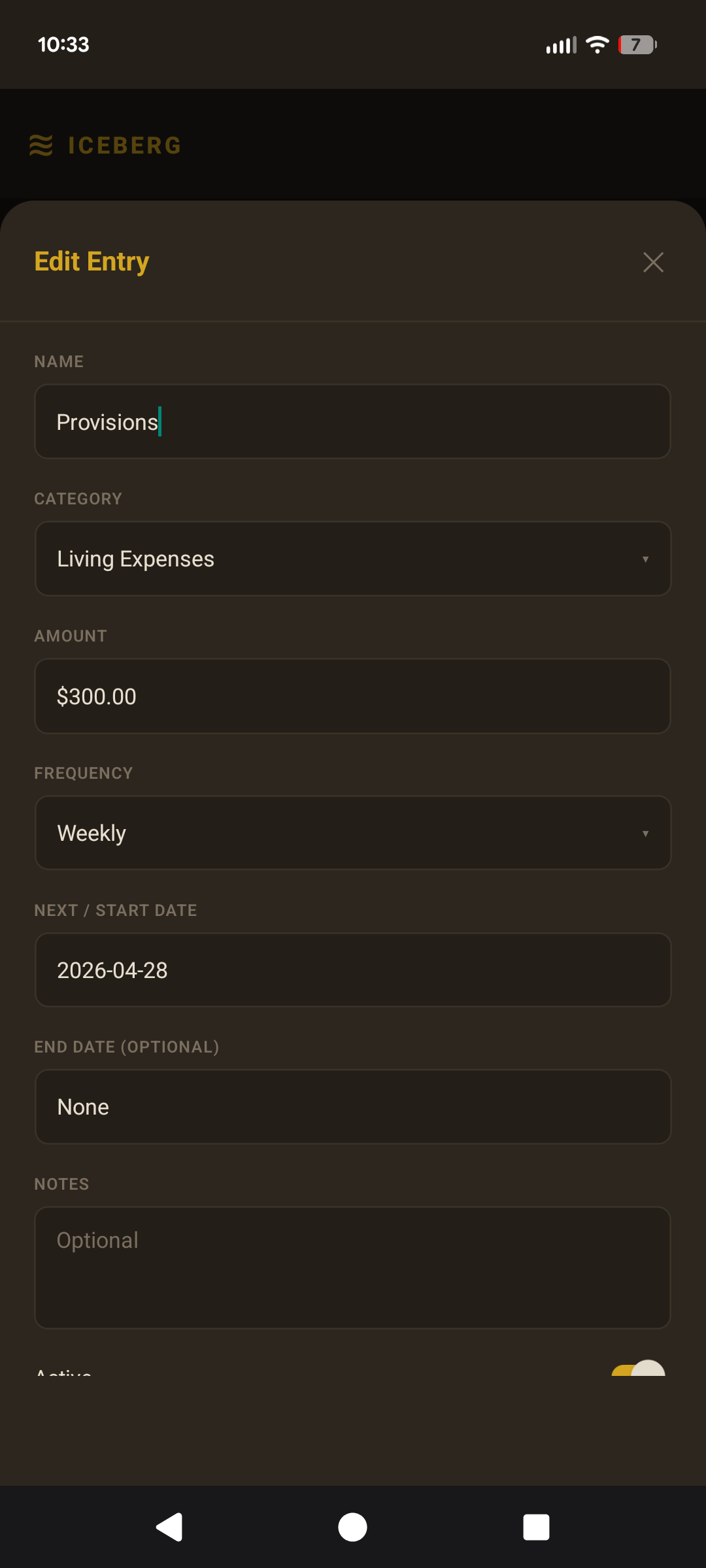 Living Expenses screen